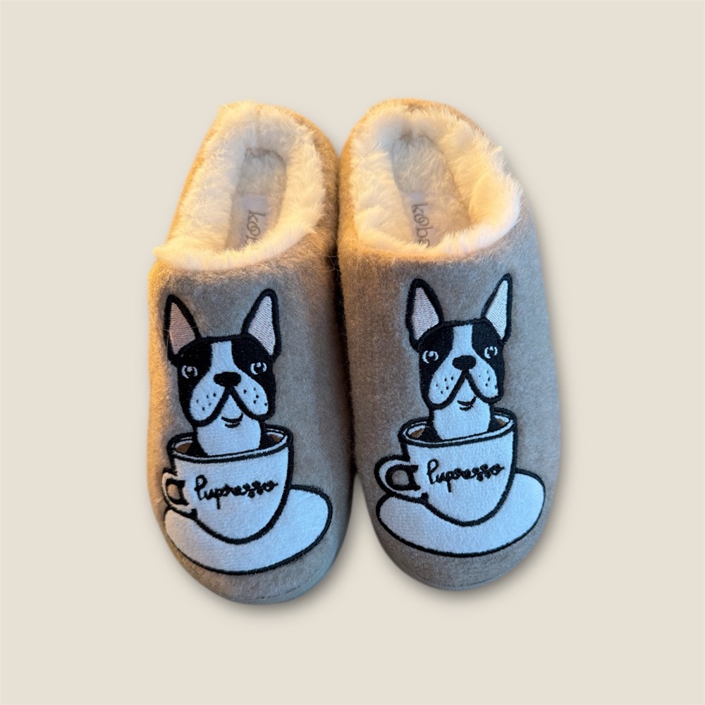 Kooba Neutral Plush French Bulldog Slippers